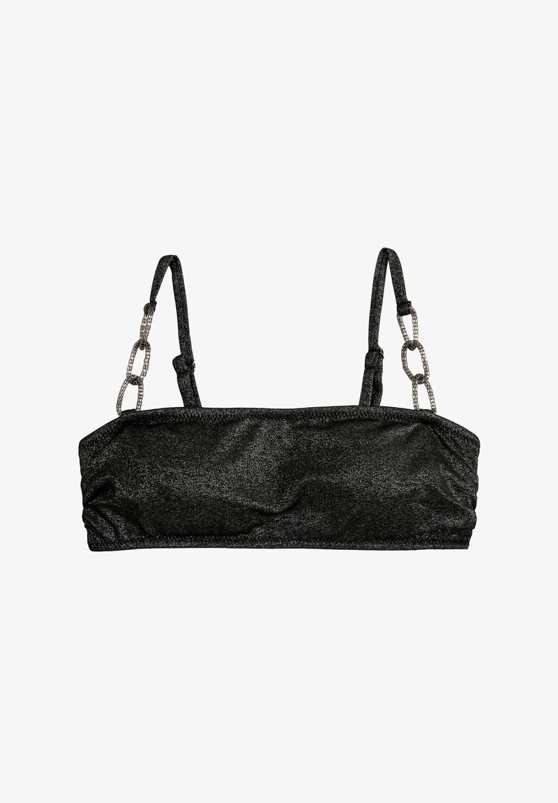 Schwarz glitzerndes Bandeau-Top mit dünnen Trägern und dekorativen silbernen Kettenelementen auf weißem Hintergrund.