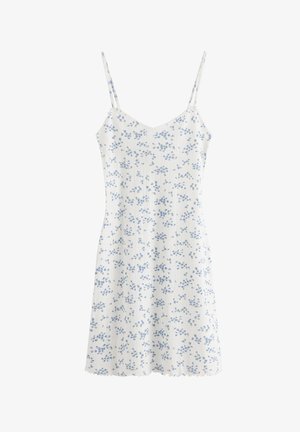 Valkoinen hihaton mekko, jossa ohuet olkaimet ja pieni sininen kukkakuosi joka puolella, mekossa on aaltoileva helma ja istuva yläosa.