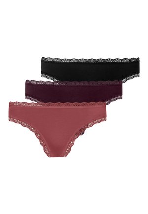 Three pairs of women's panties in black, dark burgundy, and dusty rose. Each features delicate lace trim along the waist and leg openings.