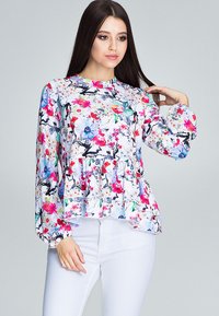 Bloemenblouse met een witte basis, voorzien van kleurrijke bloemen in roze, blauw en groen. Het heeft lange mouwen en een peplum zoomdesign.