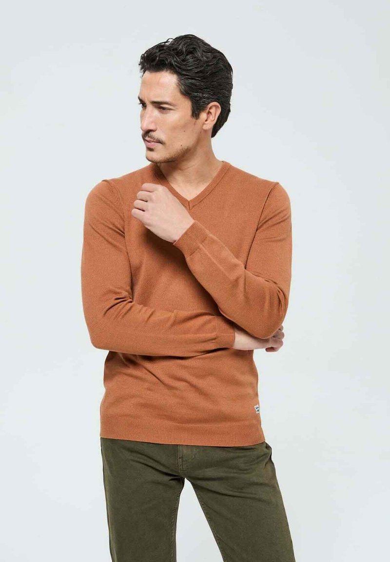 Pull à col en V de couleur rouille, fabriqué dans un tissu doux avec des manches longues. Dispose de poignets et d'un ourlet côtelés, associé à un pantalon vert.