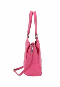 Borsa rosa con una morbida trama, dotata di due spallacci e di una tracolla staccabile. Presenta accessori metallici e un design con chiusura arricciata.
