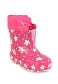 Roze rubberen laars met een sterrenpatroon in wit en turquoise, voorzien van een roze boord en een verstelbaar koord met een rode stopper. Witte zool.