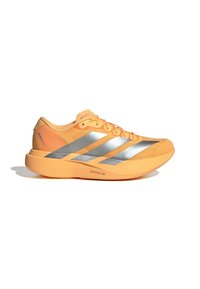 Bright orange running shoe with silver three-stripe design, cushioned sole labeled "Lightstrike Pro," and laces on a white background.