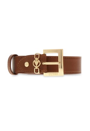 Cintura in pelle marrone con fibbia in metallo dorato. Presenta accenti testurizzati, un bottone marchiato e un dettaglio decorativo con catena connessa.