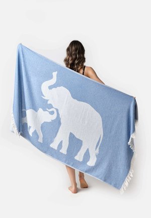 Blue blanket featuring white silhouettes of an adult and baby elephant, with fringed edges, made of soft, textured material.