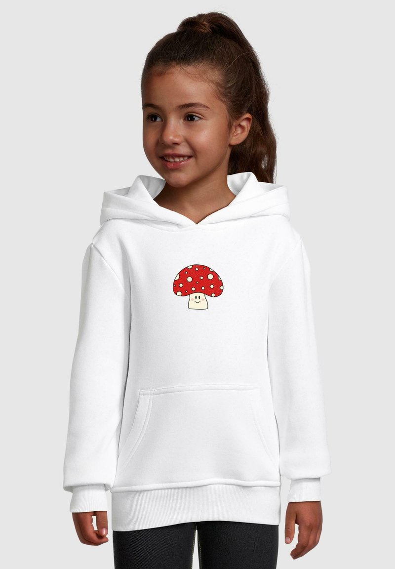 Sweatshirt à capuche blanc avec un graphique de champignon rouge à pois blancs, en tissu doux, poche avant, et poignets côtelés.