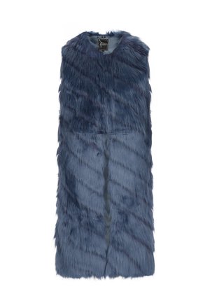 Kamizelka z futra sztucznego w głębokim granatowym kolorze, z bezrękawnikowym fasonem, charakteryzująca się miękką, puszystą teksturą oraz prostym krojem. Brak widocznych zapięć lub wzorów.