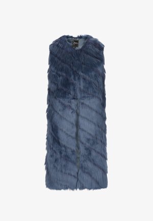 Nepbont vest in diep marineblauw, met een mouwloze ontwerp en een zachte, pluizige textuur en een rechte snit. Geen zichtbare sluitingen of patronen.