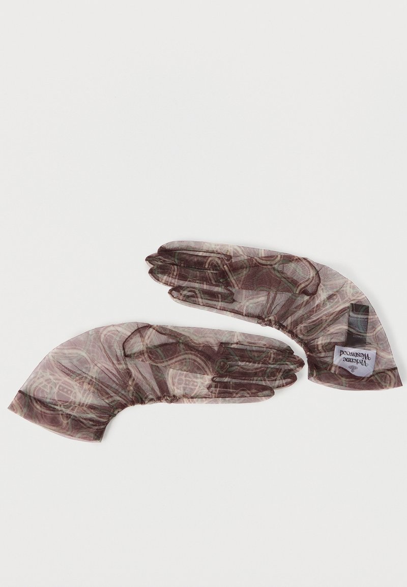 Coppia di guanti in rete marrone trasparente con motivo, polsi elastici e una piccola etichetta bianca del marchio su un guanto.