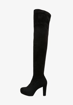 Schwarze Wildleder-Stiefel über das Knie mit einem klobigen Absatz, runder Zehenform und glatter Textur, featuring einem nahtlosen Schaft und einer Plateausohle.