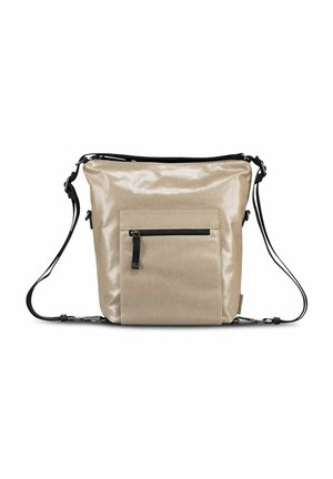 Sac bandoulière beige avec poche avant zippée, sangles noires réglables et finition en tissu lisse légèrement brillante, présenté sur fond blanc.