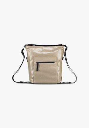 Sac bandoulière beige avec poche avant zippée, sangles noires réglables et finition en tissu lisse légèrement brillante, présenté sur fond blanc.