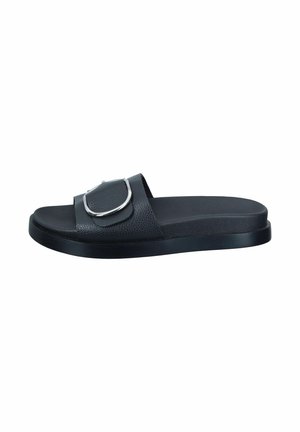 Black slide sandal with a textured upper, wide strap featuring a silver buckle accent, and a flat rubber sole for comfort.
