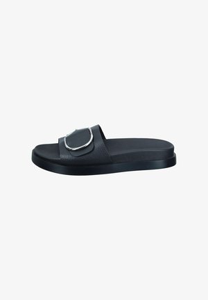Black slide sandal with a textured upper, wide strap featuring a silver buckle accent, and a flat rubber sole for comfort.