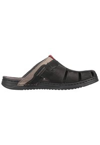 Black and gray leather slide sandal with open sides, stitched detailing, and a textured rubber sole. Features a red accent on the top.
