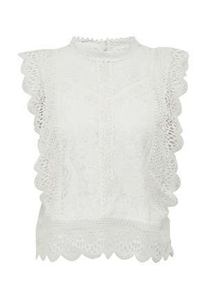 White lace top featuring a high neck, intricate floral patterns, scalloped edges, and ruffled sleeves. Lightweight texture and slightly cropped cut.