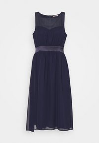 Mörkblå ärmlös klänning med en semi-genomskinlig livdel, draperad midja och satinsarmo. Flödande kjol med knälång fåll. Dragkedjestängning bak.