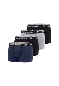 Quatre paires de boxers en bleu marine, noir, gris et un deuxième noir, dotées de bandes élastiques avec "pierre cardin" imprimé en blanc.