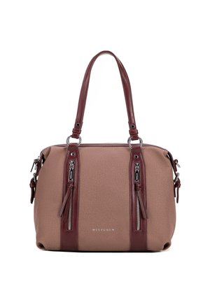 Brown textured handbag with maroon leather accents, dual top handles, two front zip pockets, and silver hardware. Branding visible on front.