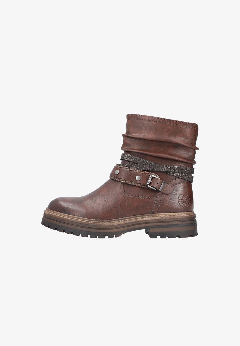 Brown leather ankle boot with a slouched shaft, a decorative strap and buckle, textured midsole, and rugged outsole for grip.