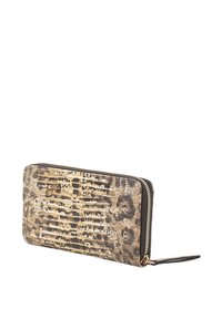 Zippered wallet in textured reptile print, featuring a tan and brown color scheme. Smooth edges, slim design, and gold-tone hardware details.