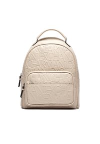 Zaino beige con design del logo impresso, forma arrotondata, doppie cerniere, tasca frontale e maniglia superiore. Superficie testurizzata.