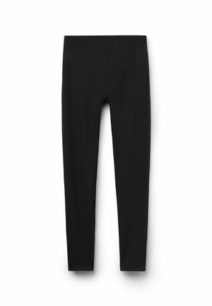 Hochgeschnittene schwarze Leggings mit glattem Bund, knöchellang und eng an den Beinen, flach auf einem weißen Hintergrund ausgestellt.
