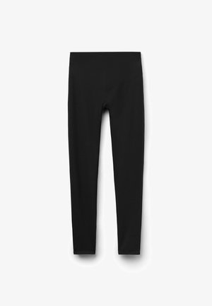 Leggings noirs taille haute avec une ceinture lisse, longueur cheville et ajustés sur les jambes, présentés à plat sur un fond blanc.