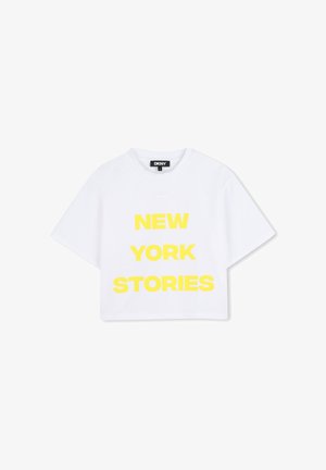T-shirt corta in cotone bianco con testo giallo audace "NEW YORK STORIES", maniche corte e scollatura rotonda.