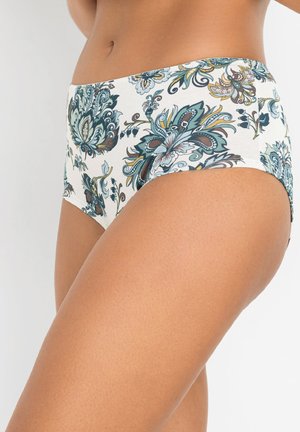Culotte taille haute à motifs floraux avec un fond crème et des dessins teal, marron et vert. Tissu doux avec une texture lisse.