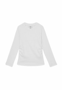 Top bianco a maniche lunghe realizzato in tessuto a coste. Presenta dettagli arricciati sui fianchi e un collo rotondo. Design semplice e pulito.