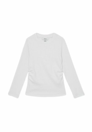 Weißes Langarmoberteil aus Rippstoff. Verfügt über geraffte Details an den Seiten und einen runden Ausschnitt. Einfaches, sauberes Design.
