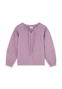 Blusa viola con maniche lunghe a sbuffo, scollatura a V e chiusura con lacci. Presenta un motivo floreale e un tessuto texturizzato con dettagli arricciati.