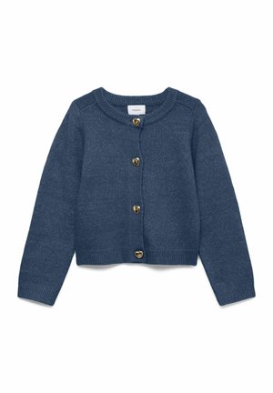 Blauer Strickcardigan mit langen Ärmeln, rundem Ausschnitt und fünf goldfarbenen, herzförmigen Knöpfen vorne. Strukturierter Stoff und kurze Passform.