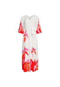 White maxi dress with v-neck, short sleeves featuring large pink and red floral patterns; includes a matching belt at the waist.