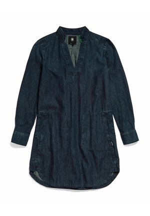 Robe tunique en denim bleu foncé à manches longues avec col en V, col montant, poches avant et ourlet arrondi.