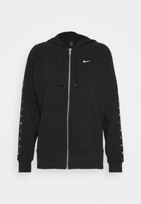 Sweat à capuche zippé Nike noir avec capuche, cordons de serrage, poches avant, et logos et textes Nike blancs courant le long des deux manches.