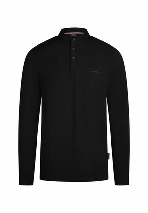 Schwarzes langärmeliges Poloshirt mit Stehkragen, drei Knöpfen und dezentem Logo auf der Brust; glatte Textur, schlichtes Design.