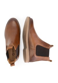 Bruine leren enkellaarzen met elastische zijpanelen, een gladde afwerking, ronde neuzen en een getextureerde rubberen zool voor grip.