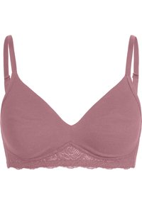 Draadloze bh in mauve, gemaakt van zacht materiaal. Voorzien van een kanten rand langs de onderkant, verstelbare bandjes en een glad, naadloos ontwerp.