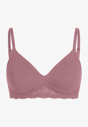 Draadloze bh in mauve, gemaakt van zacht materiaal. Voorzien van een kanten rand langs de onderkant, verstelbare bandjes en een glad, naadloos ontwerp.