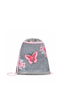 Schnüffelzugbeutel aus grauem Stoff mit pinken Akzenten. Verfügt über ein großes, pinkes Schmetterlingsmotiv und Blumenmuster an den Seiten.
