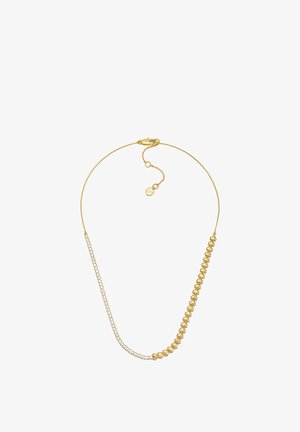 Gouden ketting met een mix van ronde gouden kralen en een rij heldere edelstenen, voorzien van een sluiting en een verstelbare ketting voor lengteflexibiliteit.