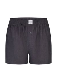 Donkergrijze katoenen herenboxershorts met elastische tailleband en een enkele zwarte knoop middenvoor.