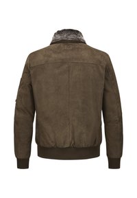 Braune Wildleder-Bomberjacke mit einem weichen Kragen, gerippten Bündchen und Saum; zeichnet sich durch eine glatte Textur und ein einfaches Design mit einem rechteckigen Rückenteil aus.