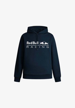 Námornícky modrá mikina s predným kloktaním vreckom, s bielym logom "Red Bull Racing" a dvoma štýlizovanými volmi v strede.