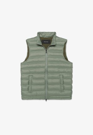 Hellgrüne, gesteppte ärmellose Weste mit hohem Kragen, Frontreißverschluss und zwei Seitentaschen, flach auf weißem Hintergrund dargestellt.