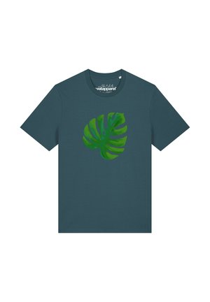 Dark green short-sleeve t-shirt with a large green monstera leaf graphic centered on the front.