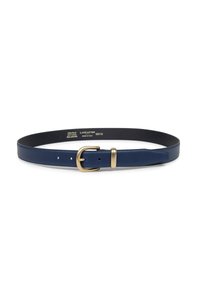 Cintura in pelle blu navy con fibbia in metallo dorato e tre fori, mostrata piatta su sfondo bianco.